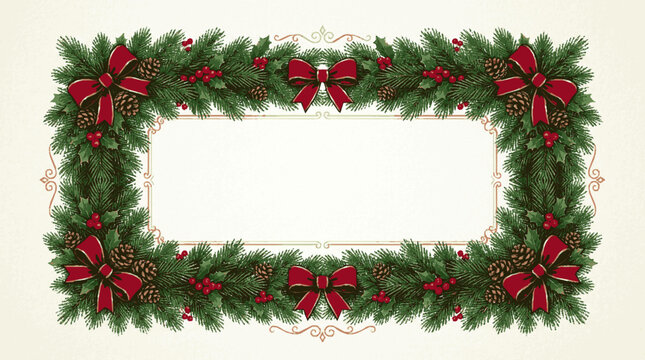 A festive Christmas frame with a wreath of pine branches, red bows, and pinecones on a cream background