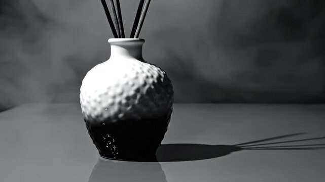 Black and white still life with a ceramic aroma diffuser and mysterious vapor background