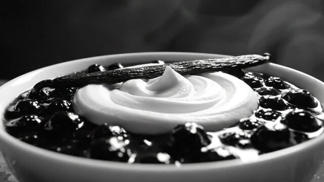 Black and white close up of a bowl of tapioca pearls with whipped cream and vanilla bean on a wooden surface