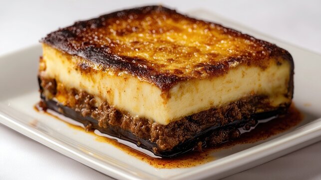 Savory traditional moussaka on a white plate captures attention with rich layers