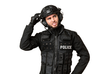 SWAT over isolated chroma key background having doubts and with confuse face expression