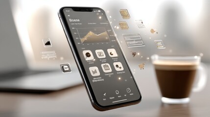 Obraz premium Modern smartphone displaying a financial analytics app with data visualization and digital icons floating around on a desk with coffee