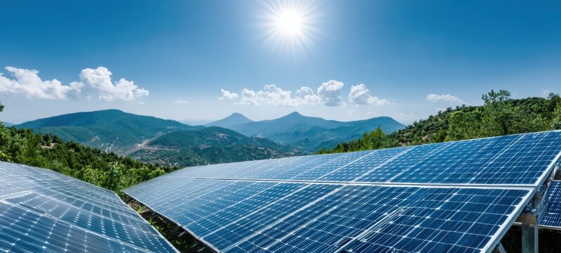 Expansive Solar Panel Farm Captures Bright Sunlight in Lush Green Mountain Landscape