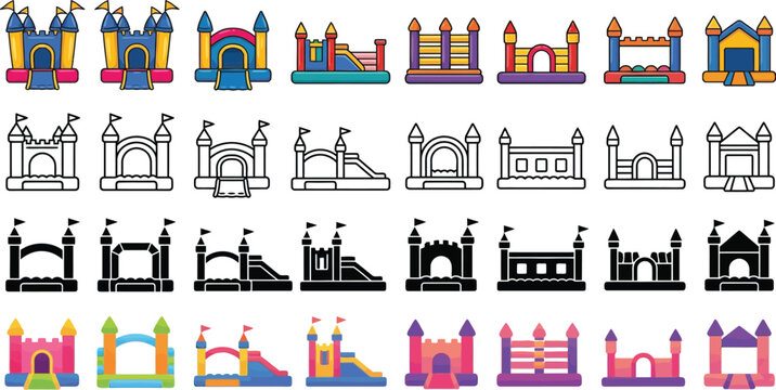 Bounce house icons set multiple style collection. Editable stroke