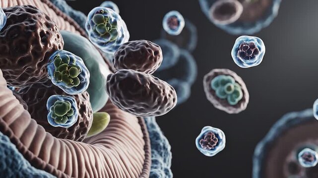 Cinematic 3D illustration of AUTOPHAGY, a crucial cellular self-cleaning and recycling process, visualized with intricate detail for biological and medical research