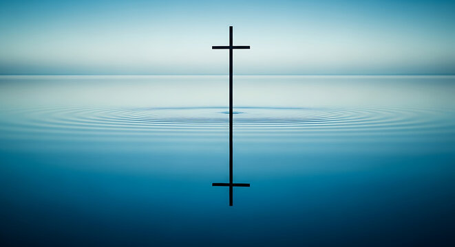 A minimalist black vertical line with two crossbars stands centered on a tranquil blue water surface, creating a serene, reflective composition.
