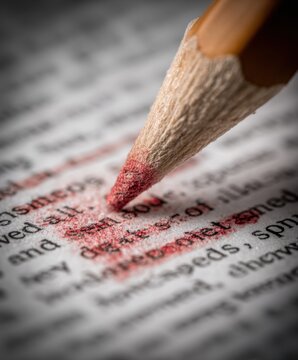 Close up of red pencil correcting text on paper, signifying editing, proofreading, and revision