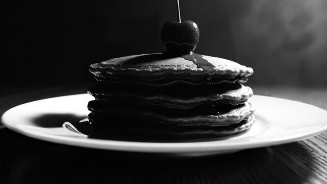 Black and white close up of a stack of pancakes with a cherry on top and syrup dripping down on a plate