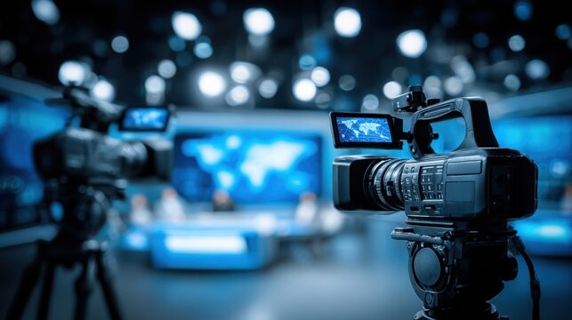 Professional Broadcast Cameras in a Modern News Studio with World Map Display