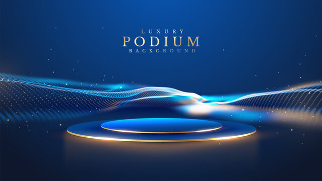 Abstract luxury blue background with 3d gold podium and particle wave. Modern elegant product display platform showing bright bokeh. Realistic winner award ceremony stage with shiny spotlight.