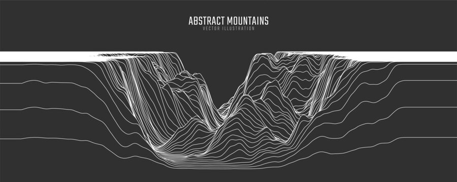 Contour mountain landscape. Waved line art. Abstract minimal topographic map. Contour lines with elevations and terrain depth. Vector illustration.
