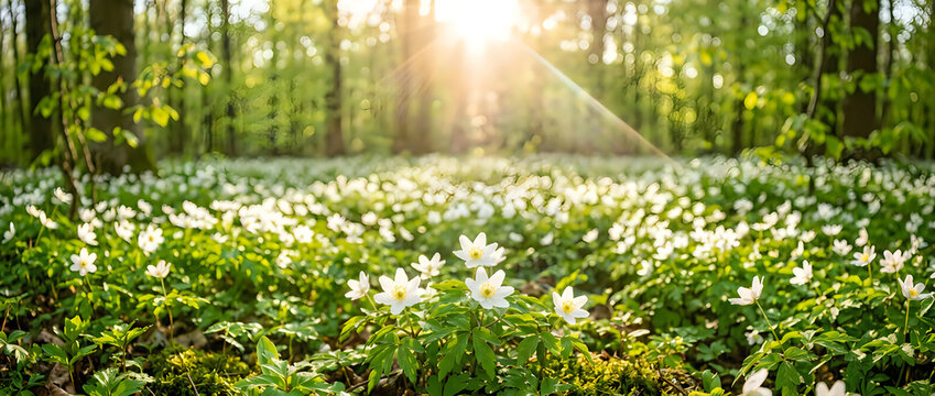 Sunlit Wood Anemone Flowers in Spring Forest Landscape