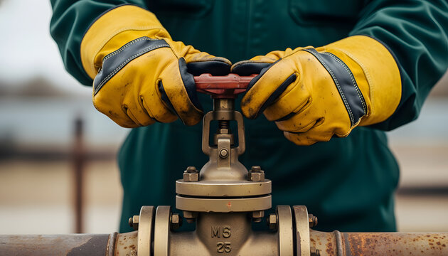 industrial worker turning valve wheel|oil and gas pipeline maintenance|heavy duty leather work gloves|plumber operating industrial pipe valve|shut off water or gas supply
