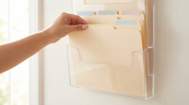 Hand placing a tabbed file folder into a clear wall document holder for office organization records management and workflow setup