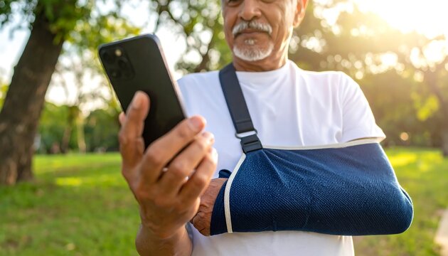 An older man with a gray mustache and an arm sling is looking at a smartphone outdoors on a sunny day. He?s in a park