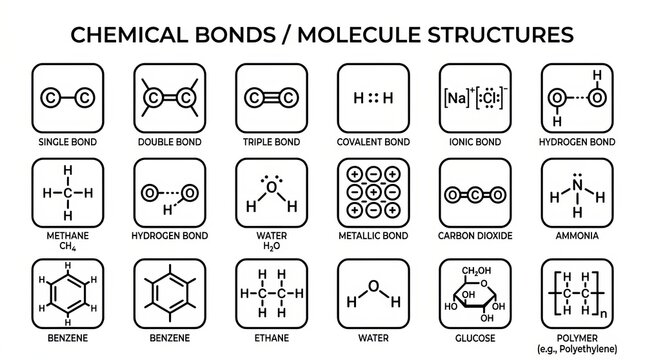 Diverse chemical bonds and molecule structures illustrated for scientific education