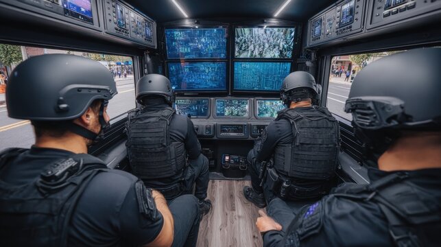 Surveillance team in tactical gear monitors multiple screens inside a secure command vehicle during an operation