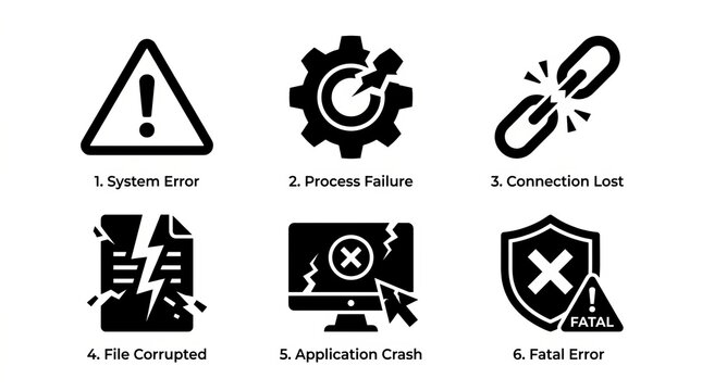 Set of icons representing various technical system failures and errors.