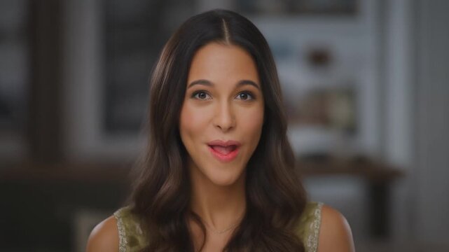 Captivating portrait of a confident young woman with a warm smile, looking directly into the camera, radiating approachability and a positive demeanor, against a softly blurred background