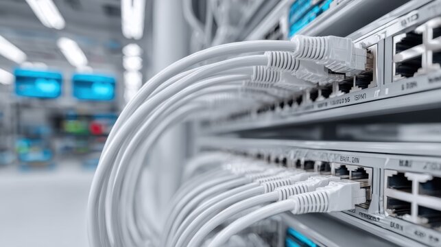 Close-up of white network cables plugged into a server rack in a modern data center