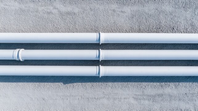Modern industrial white pipes running parallel across a textured concrete wall, clean design