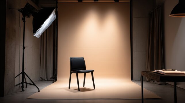Empty Modern Photography Studio with Soft Lighting, Single Chair, and Professional Equipment