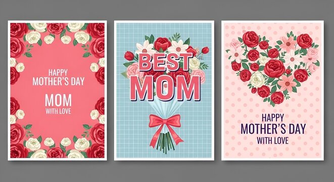 Happy Mother's Day card set, Spring summer floral design. For the best mom inscription. Vector illustration for banner, poster, label, template or cover with flowers frame