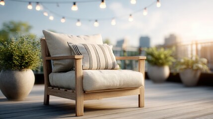 Obraz premium Comfortable Outdoor Armchair with Cushions and String Lights on a Balcony Terrace