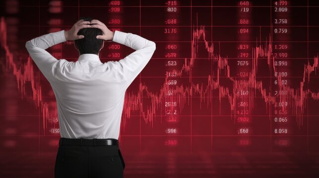 Desperate businessman with head in hands experiencing stock market crash and financial crisis with red graph downturn