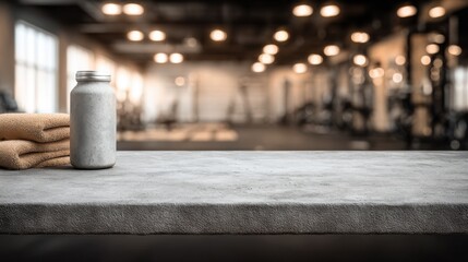 Obraz premium Fitness supplement bottle and clean towels on gym counter with blurred equipment background