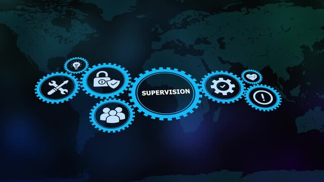  Professional supervision and leadership oversight concept with magnifying glass and gear icons on global map.