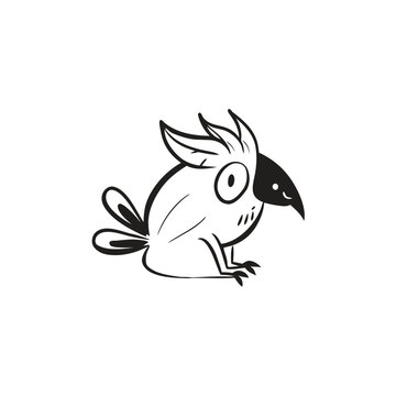 Cute cartoon satyr tragopan bird, whimsical black and white doodle illustration, playful character.