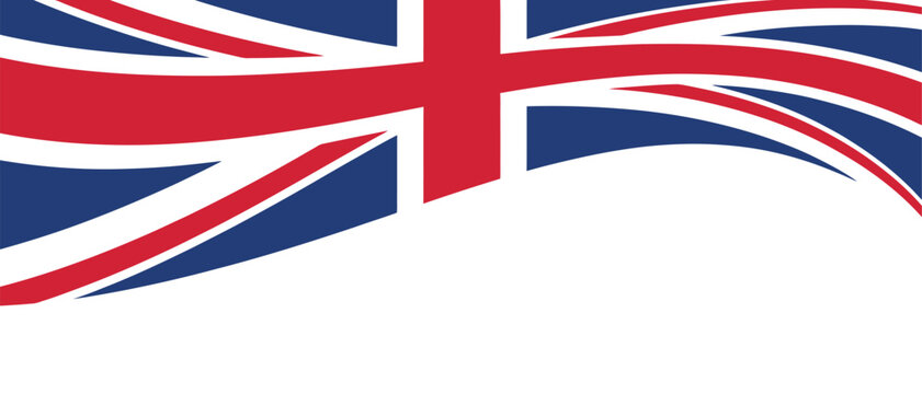Waving abstract Union Jack flag design with curved red white and blue stripes isolated on transparent background, vector illustration