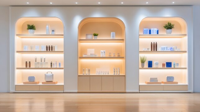 Modern Retail Display Shelves Showcasing Skincare and Beauty Products with Soft Ambient Lighting
