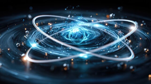 Stunning Abstract Representation of Atomic Structure with Energetic Particles, Light Trails, and Vibrant Colors Exploding in a Cosmic Swirl