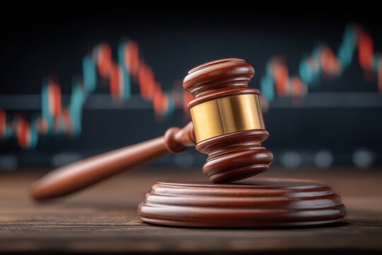 Wooden Gavel and Abstract Stock Market Financial Chart Background, Symbolizing Justice and Trading Decisions