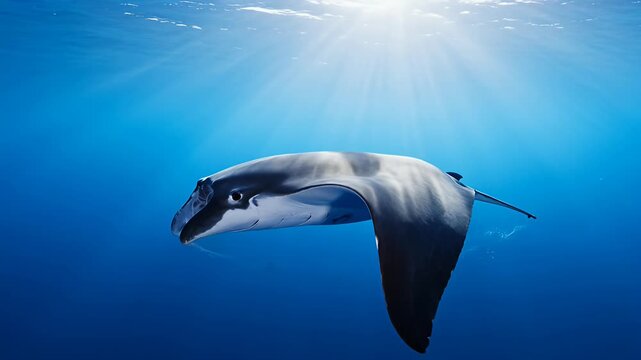 Elegant manta ray gliding in crystal clear blue ocean with sunbeams