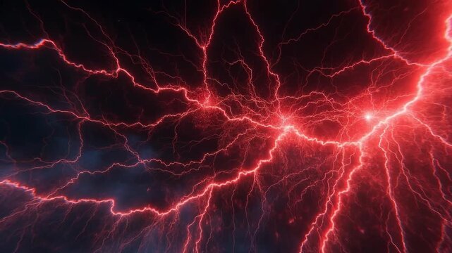 Bright red lightning streaks in abstract style on dark sky background, symbolizing power and energy concept