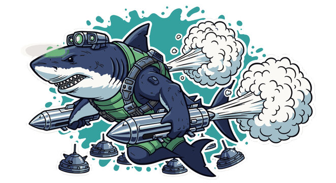 Anthropomorphic military shark character in tactical gear wearing night vision goggles and holding large missiles while swimming through a sea of mines