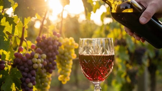 pouring red wine in crystal goblet on vineyard in sunlight.