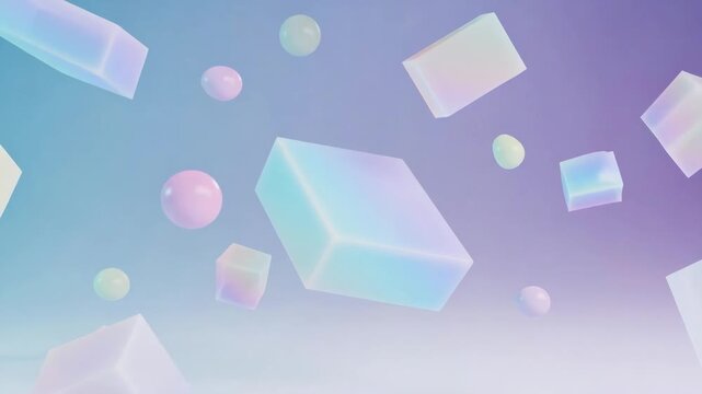 Floating pastel cubes and spheres shown in abstract style on a soft gradient background, presenting a concept of creativity and imagination