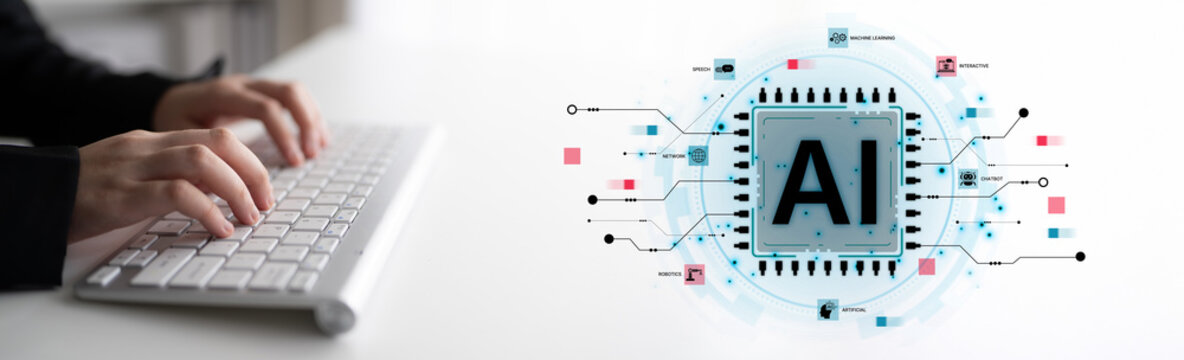 A technical diagram illustrating the core capabilities of Artificial Intelligence. This includes machine learning, robotics, speech recognition, and interactive chatbot technology. Fermion