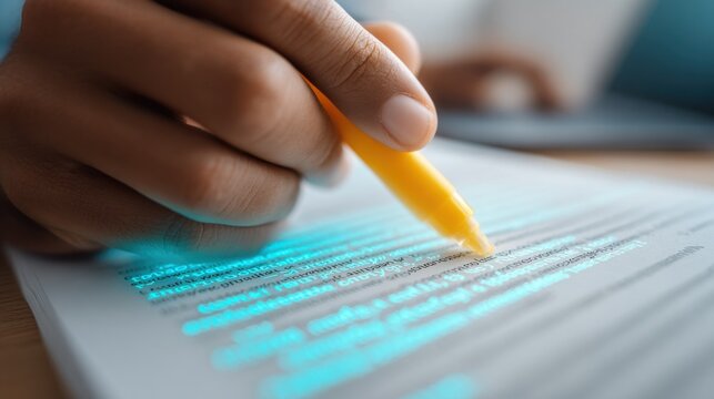 Close-up of person's hand using a bright yellow highlighter to mark important text on a document