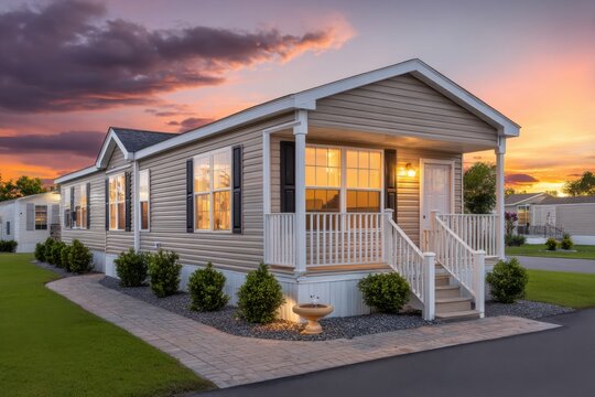 Manufactured Home with Front Porch and Landscaping at Sunset