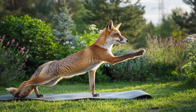 A Red Fox Engages in Yoga on a Mat in a Lush Garden.