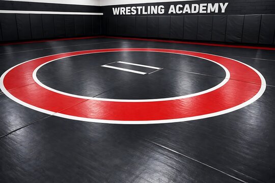 Clean Empty Wrestling Academy Gym with a Prominent Red Mat Circle