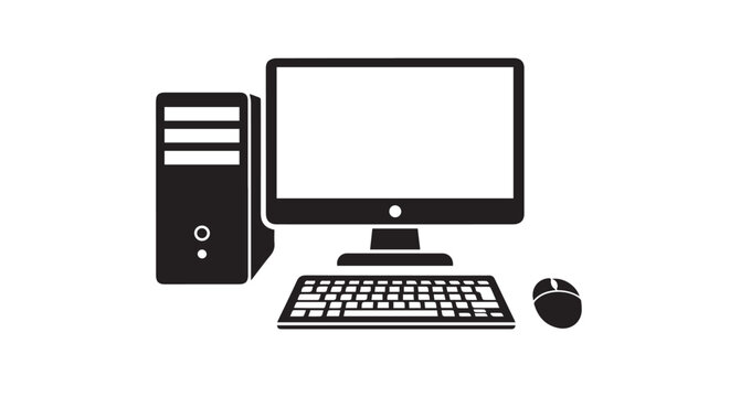 Desktop computer workstation icon with monitor CPU keyboard and mouse silhouette