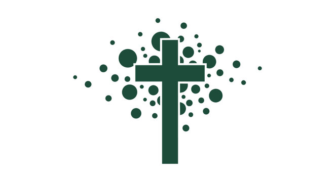Christian cross in dark green color with abstract circle pattern isolated on white background art