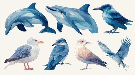 Obraz premium Colorful Illustration of Marine Animals and Birds in Artistic Style