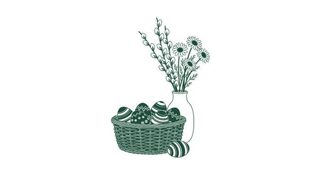 Hand Drawn Easter Scene Featuring a Basket of Patterned Eggs and Willow Branches in a Glass Vase.